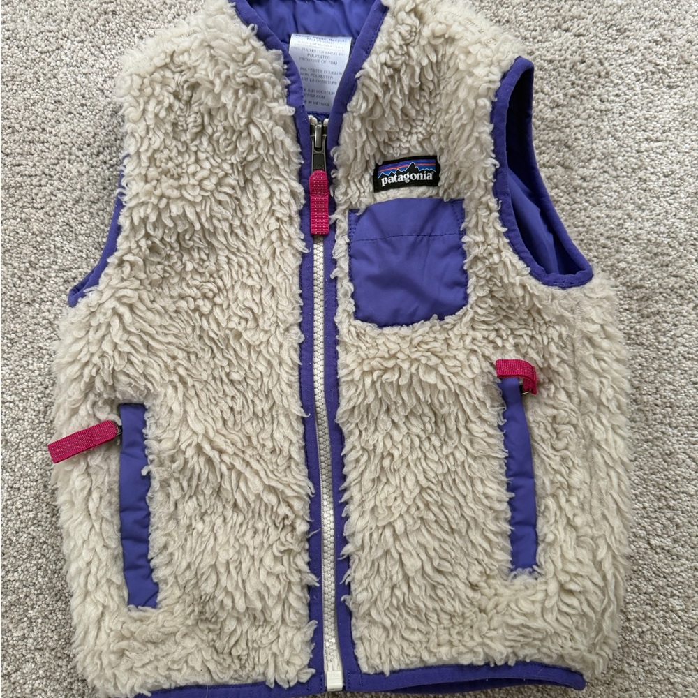 Patagonia Cream Sherpa Vest with Purple Trim and Pink Pulls